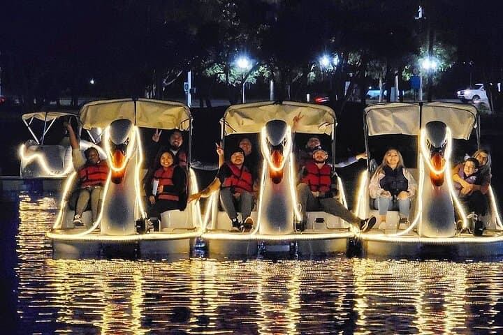 Illuminated Swan Boat Night Ride on Rainbow Lagoon in Long Beach